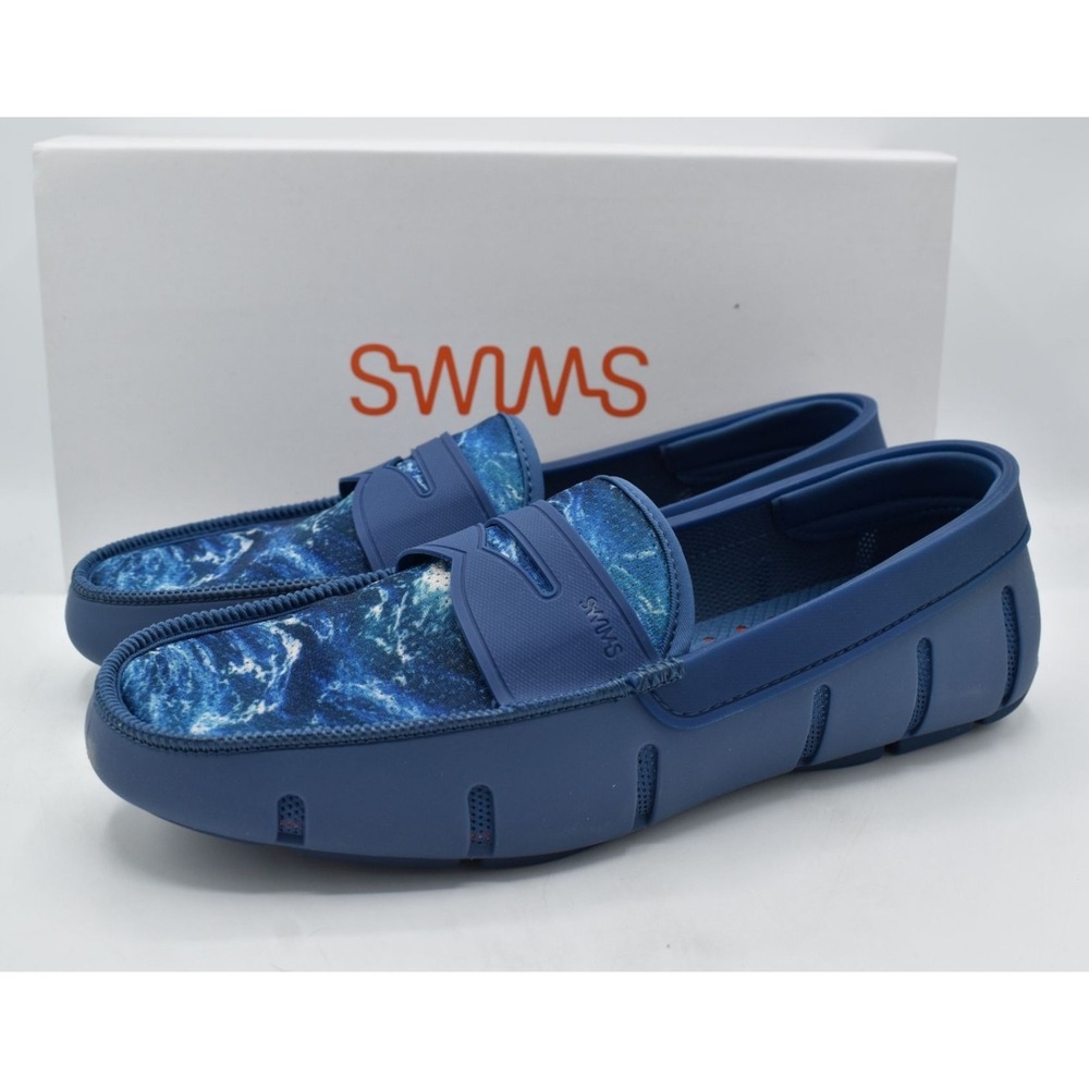 SWIMS Penny Loafers Men Size 9 Blue New Wave Print Slip On Water Resistant Shoes